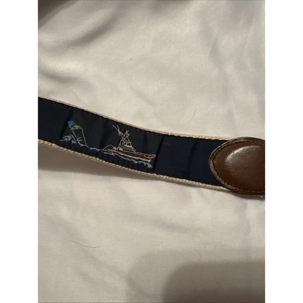 LEATHER MAN LTD‎ Belt Mens Sz42 Gamefish Navy Ribbon Leather Canvas Brass 1.25